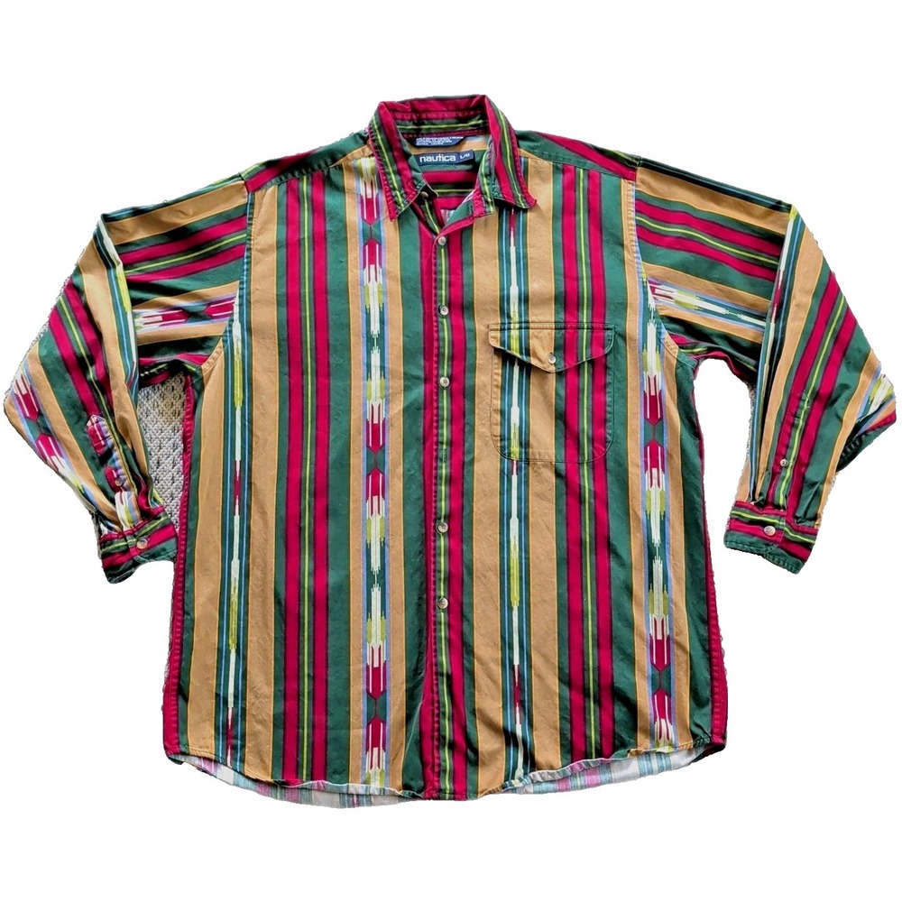 Nautica‎ Vintage Western Striped Men's L Color Block Y2K 90s Button Down Shirt
